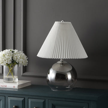 Louisa 22.5" Mid-Century Modern Round Glass/Iron Pleated Shade LED Table Lamp - JONATHAN Y